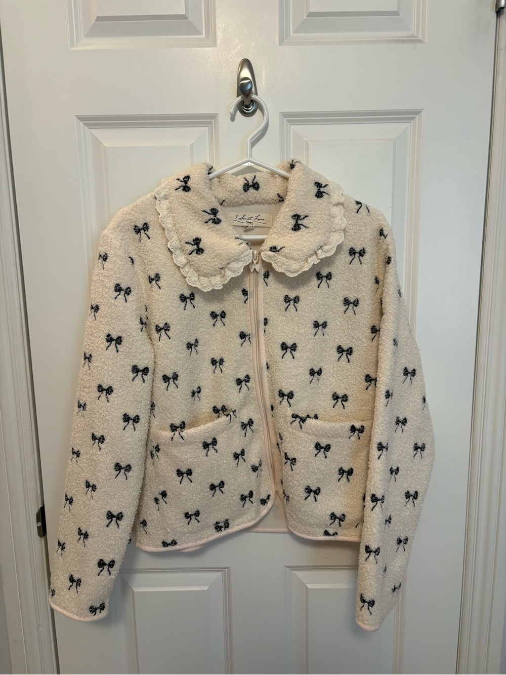 Cream Bow-Print Sherpa Jacket